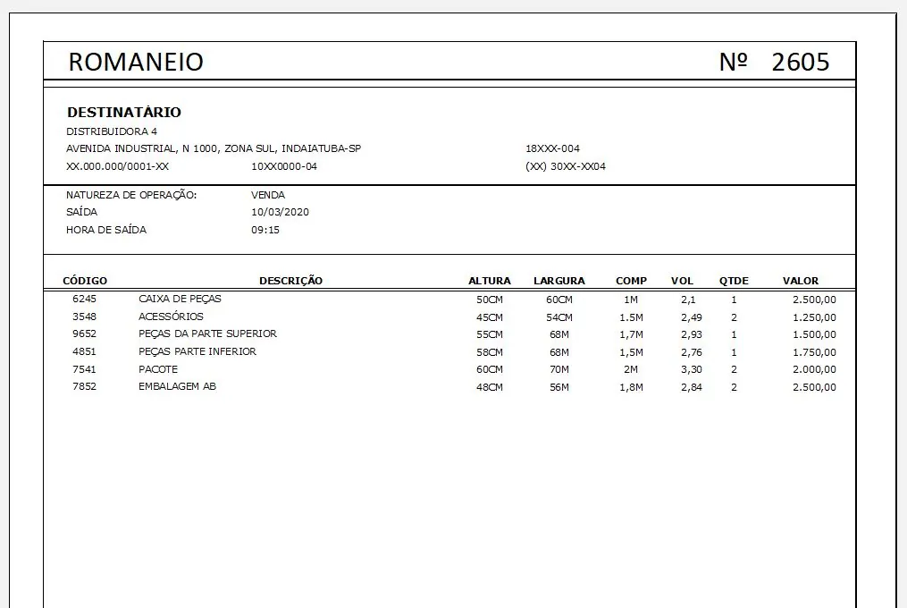 Romaneio de carga modelo