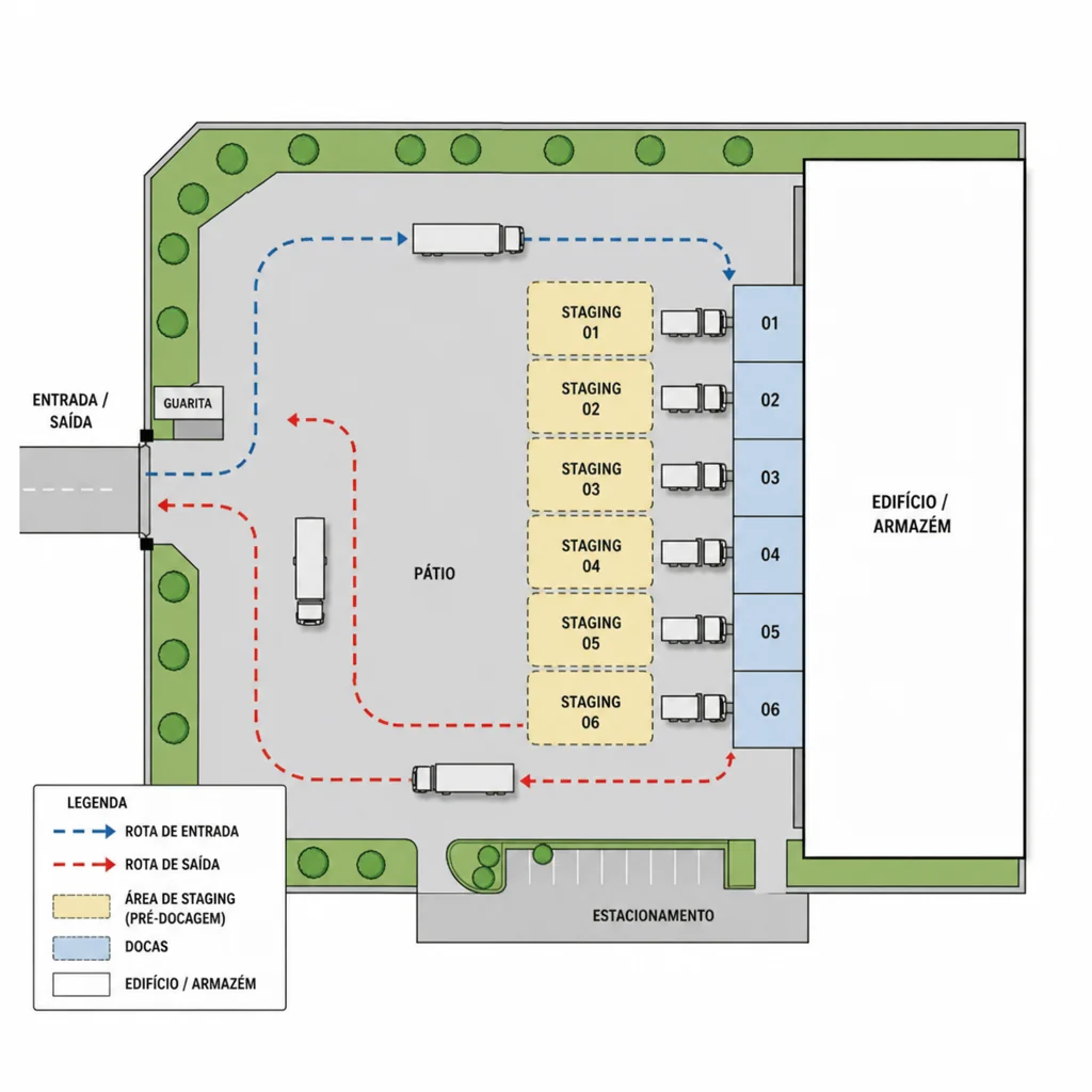 Layout eficiente de docas e pátio
