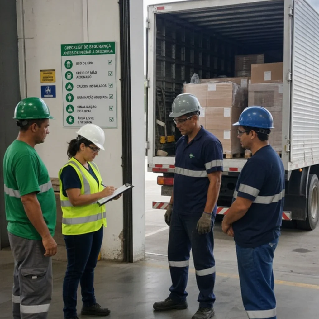 Equipe executando checklist de segurança antes de iniciar a descarga